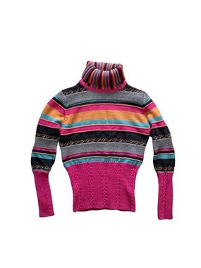 Vintage Y2K Multicolored Striped Knit Turtleneck Sweater S
